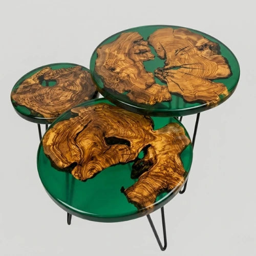 Bottle Green Resin & Natural Wood Nesting Tables