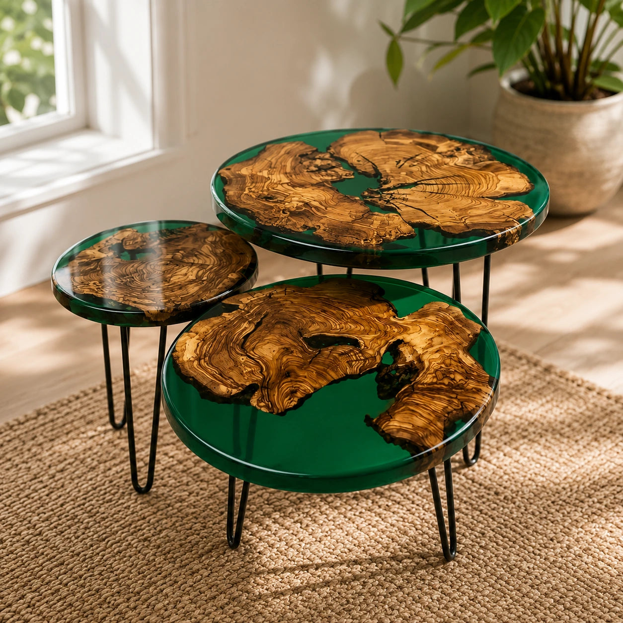 Bottle Green Resin & Natural Wood Nesting Tables