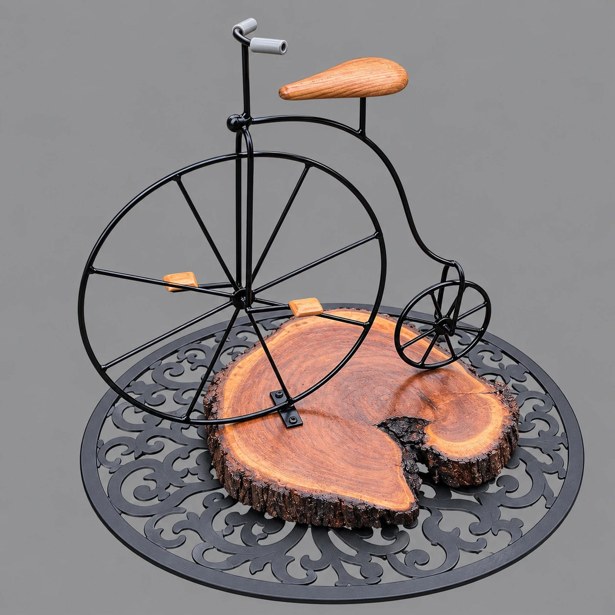 Vintage Penny-Farthing Bicycle Sculpture on Natural Wood & Metal Stand