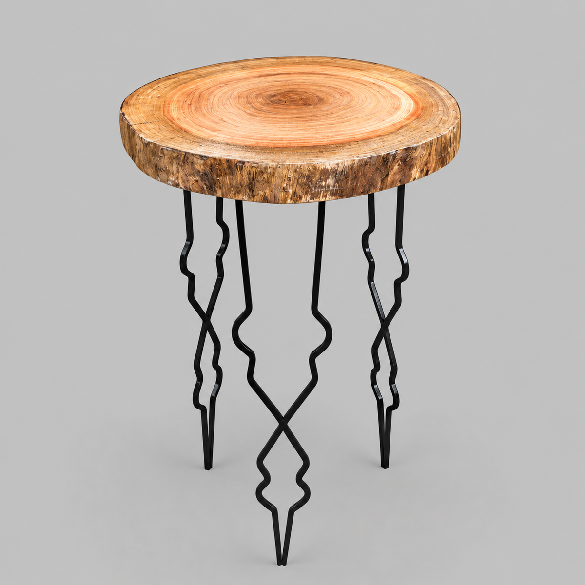 Natural Wood Round Side Table with Artistic Metal Legs