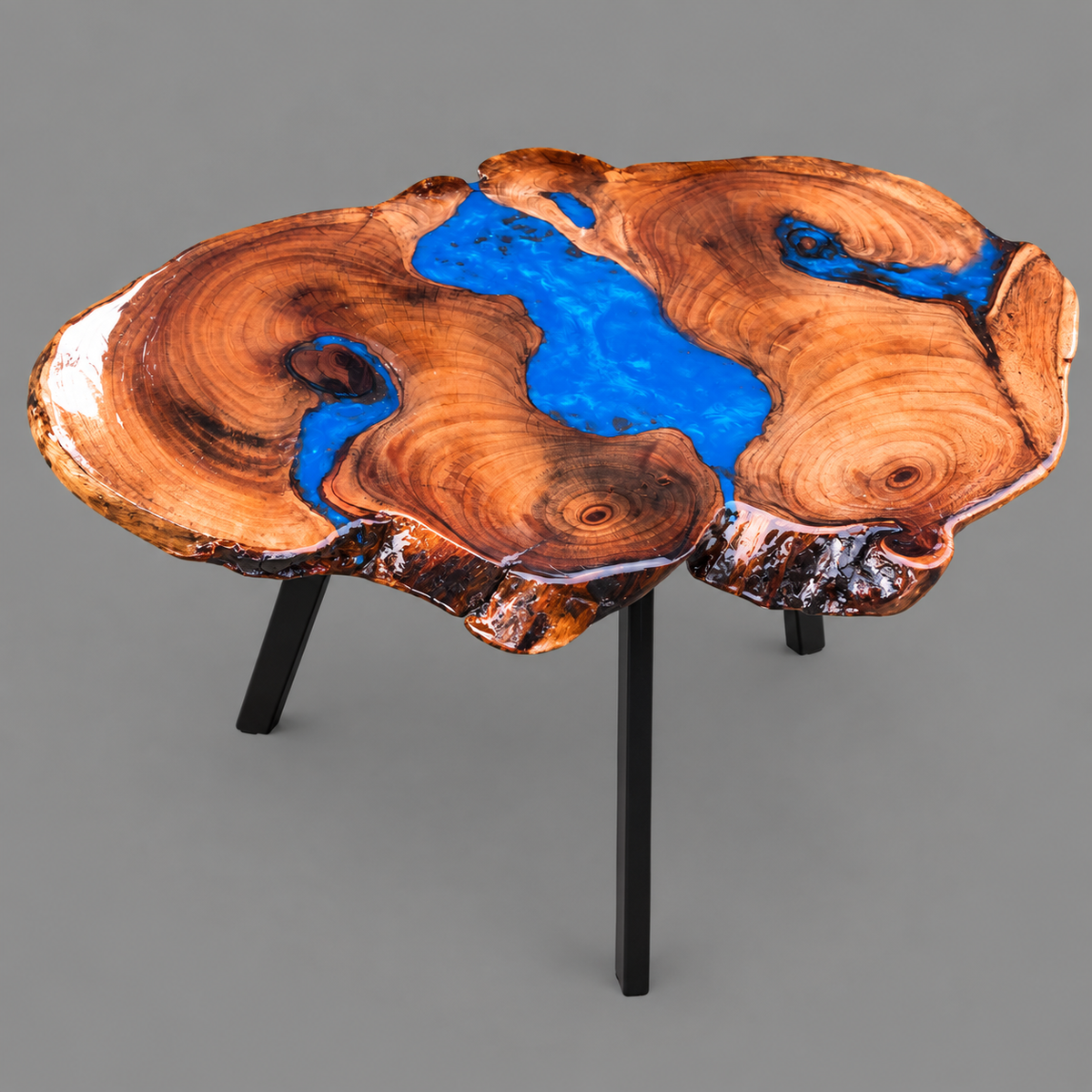Handcrafted Blue Resin River Coffee Table with Live Edge Wood