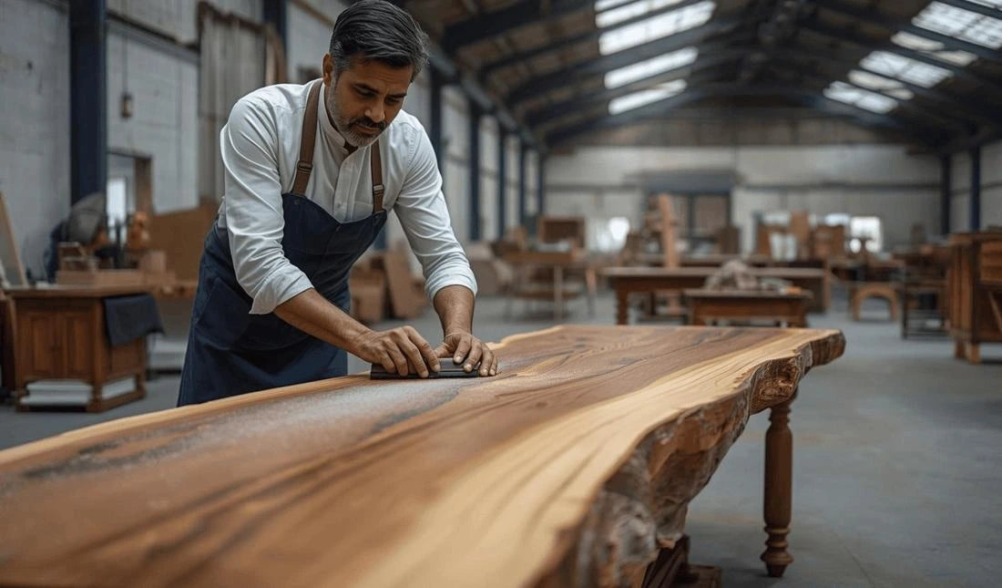 Artisan working with natural wood furniture