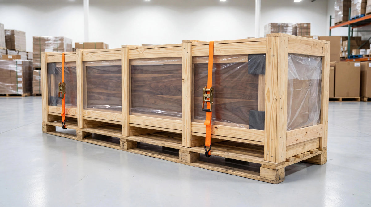 Natural wood furniture prepared for delivery