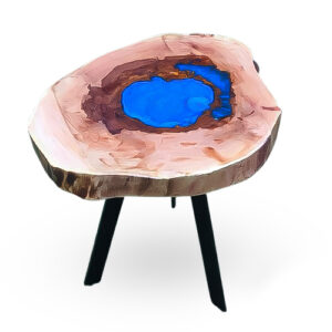 Handcrafted Solid Wood & Blue Resin Side Table with Iron Base